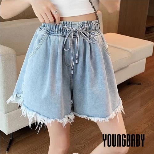 【YOUNGBABY中大碼】鬆緊腰綁帶毛邊鬚鬚寬鬆牛仔短褲 中大尺碼女裝 