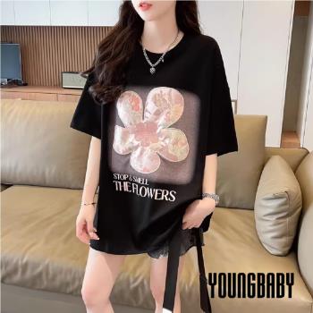 【YOUNGBABY中大碼】中國風刺繡花朵圓領棉質造型上衣．黑 中大尺碼女裝