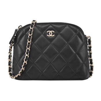 CHANEL經典雙C LOGO菱格紋小羊皮貝殼斜揹包 (黑色)
