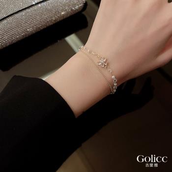 【Golicc】 雙層 鈦鋼 珍珠 鋯石 花朵 手鍊(首飾 飾品 手鍊 手環 手繩 韓國 情人節 母親節 七夕 生日禮物)