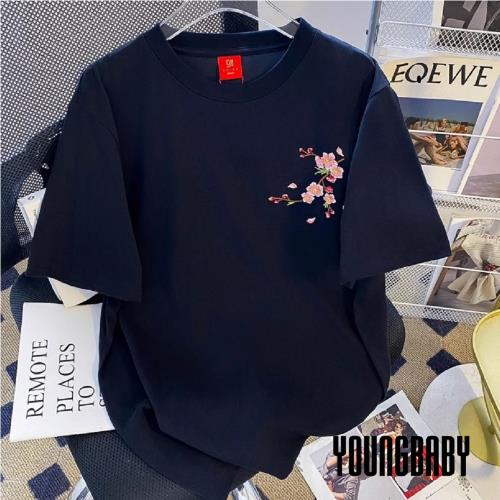 【YOUNGBABY中大碼】圓領重磅棉質重工刺繡梅花T．黑 中大尺碼女裝 
