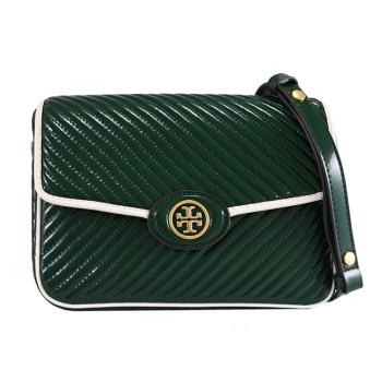 TORY BURCH 149461 亮面漆皮斜紋翻蓋肩斜兩用包.松綠