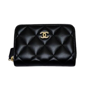 【CHANEL】香奈兒 經典羊皮菱格金扣零錢包/卡片包 黑色 AP0216Y01295 C3906