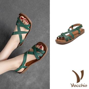【VECCHIO】全真皮交叉帶平底涼鞋/全真皮頭層牛皮經典交叉帶舒適平底涼鞋 女鞋 綠