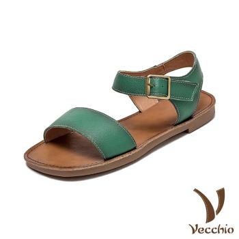 【VECCHIO】全真皮寬一字帶經典低跟涼鞋/全真皮頭層牛皮寬一字帶經典低跟涼鞋 女鞋 綠