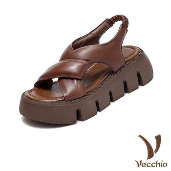 【VECCHIO】全真皮交叉扭結厚底涼鞋/全真皮頭層牛皮交叉扭結鬆糕厚底涼鞋 女鞋 棕