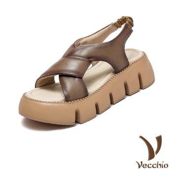 【VECCHIO】全真皮交叉扭結厚底涼鞋/全真皮頭層牛皮交叉扭結鬆糕厚底涼鞋 女鞋 卡其