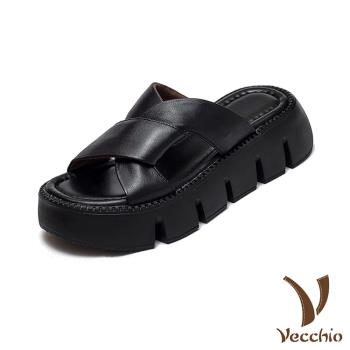 【VECCHIO】真皮扭結厚底拖鞋/真皮頭層牛皮交叉扭結造型厚底拖鞋 女鞋 黑