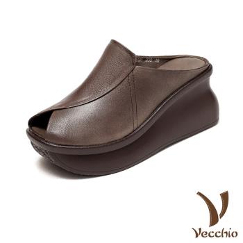 【VECCHIO】真皮魚口坡跟拖鞋/真皮頭層牛皮魚口露趾不對稱設計坡跟厚底拖鞋 女鞋 灰
