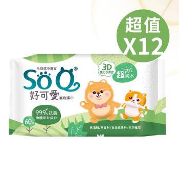 【南六】 SOQ好可愛寵物濕巾-足部&屁屁專用-抗菌(60抽/包)x12