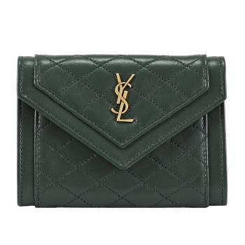 YSL 692052 金屬LOGO菱格紋羊皮卡片零錢包.深綠