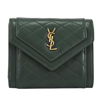 YSL 692684 金屬LOGO菱格紋羊皮三折扣式短夾.深綠