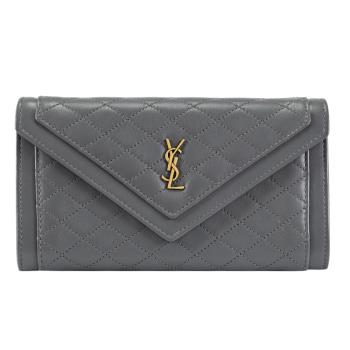 YSL 686694 經典LOGO菱格紋羊皮信封扣式長夾.深灰