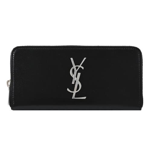 YSL 617415 MONOGRAM 金屬LOGOㄇ字拉鍊長夾.黑銀