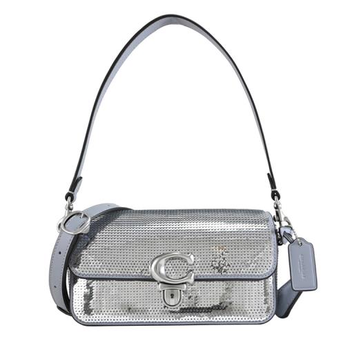 COACH CM428 STUDIO 質感亮片皮飾翻蓋兩用包.銀灰