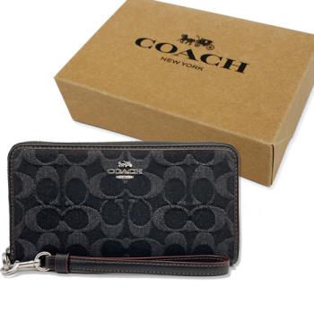 【COACH】C LOGO牛仔布手掛式拉鍊零錢袋長夾禮盒(牛仔黑灰)