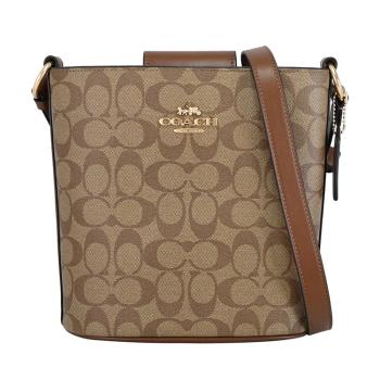 COACH CR154 Sophie 印花皮革釦式肩斜水桶包.駝咖