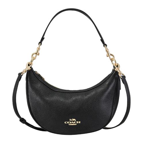 COACH CO996 ARIA 浮雕LOGO荔枝皮革兩用彎月包.黑