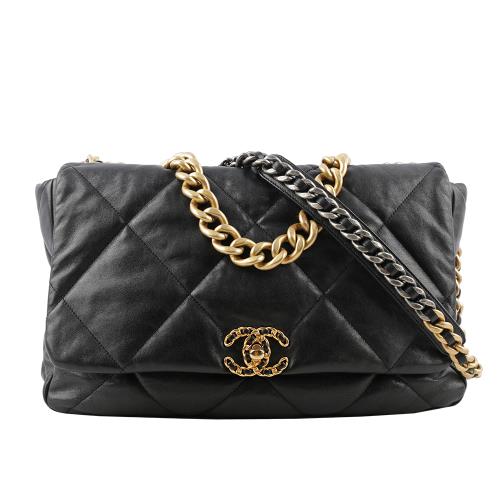 二手商品9.8成新_CHANEL Chanel 19 三色鍊帶菱格紋口蓋包(超大款)(黑色)