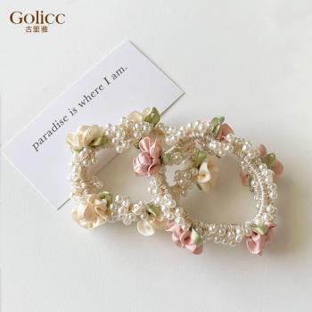 【Golicc】 法式 珍珠 花朵 髮圈(飾品 髮飾 頭飾 髮帶 馬尾 手圈 髮束 情人節 母親節 七夕 生日禮物)