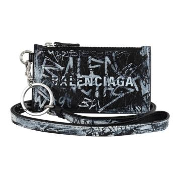 BALENCIAGA 巴黎世家 594548 塗鴉款小羊皮頸掛卡片零錢包.黑白