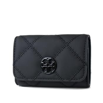 TORY BURCH Willa 菱格紋皮革翻蓋證件包/卡包-霧面黑