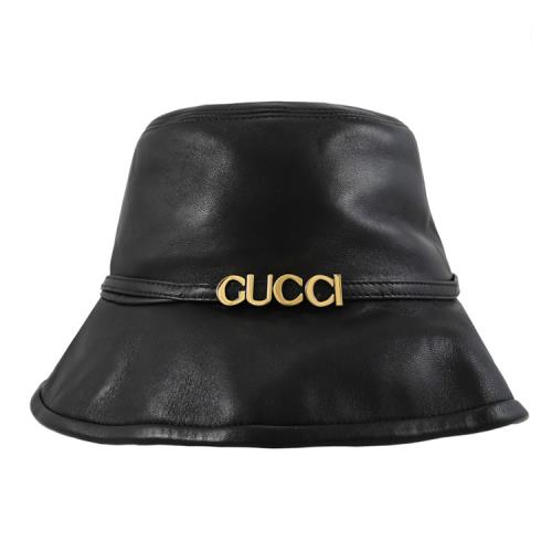 GUCCI 760420 品牌金屬LOGO質感羊皮漁夫帽.黑