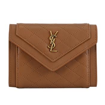 YSL 734912 金屬LOGO菱格紋羊皮卡片零錢包.咖