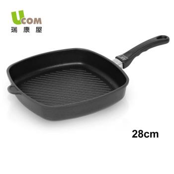 【瑞康屋UCOM】德國黑魔法不沾鍋-方型直烤紋鍋 28cm無蓋