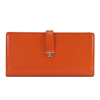 TODS T Timeless 金屬LOGO小牛皮對開釦式長夾.橘黑