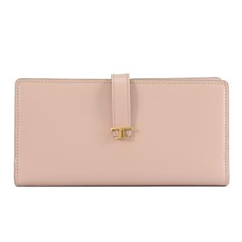 TODS T Timeless 金屬LOGO小牛皮對開釦式長夾.裸粉