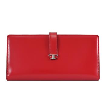 TODS T Timeless 金屬LOGO小牛皮對開釦式長夾.紅黑