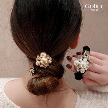 【Golicc】 小香風珍珠水鑽氣質高馬尾髮圈(髮飾 髮繩 髮圈 飾品 頭飾 生日 小香風 生日禮物 情人節 母親節 七夕)
