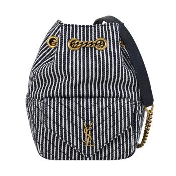 YSL 701631 MINI JOE 金屬LOGO條紋布水桶包.深藍/白
