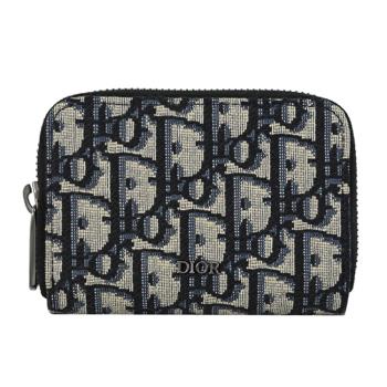 Christian Dior 浮雕LOGO緹花款ㄇ字拉鍊零錢包.深藍