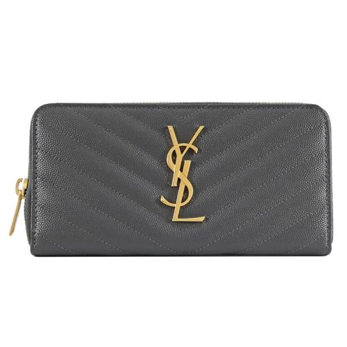 YSL 358094 MONOGRAM 經典V紋ㄇ字拉鍊長夾.灰金