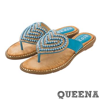 【QUEENA】愛心串珠夾腳拖鞋/波西米亞民族風甜美愛心串珠造型坡跟夾腳拖鞋 女鞋 藍