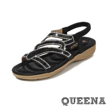 【QUEENA】縷空燙鑽坡跟涼鞋/幾何華麗縷空線條閃耀燙鑽坡跟涼鞋 女鞋 黑