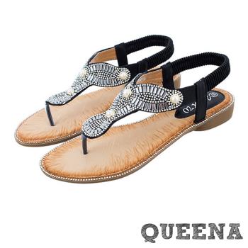 【QUEENA】幾何排鑽珍珠夾腳涼鞋/華麗幾何排鑽珍珠夾腳造型坡跟涼鞋 女鞋 黑