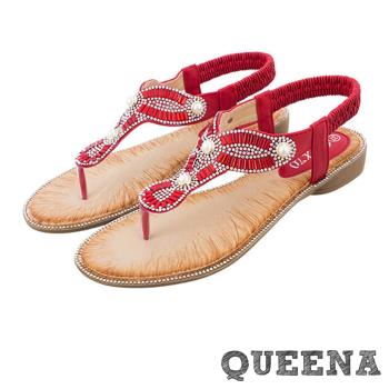 【QUEENA】幾何排鑽珍珠夾腳涼鞋/華麗幾何排鑽珍珠夾腳造型坡跟涼鞋 女鞋 紅