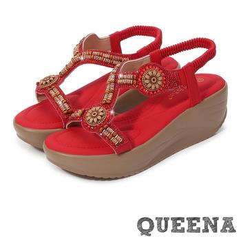 【QUEENA】復古花朵串珠坡跟涼鞋/波西米亞民族風復古花朵串珠線條坡跟厚底涼鞋 女鞋 紅