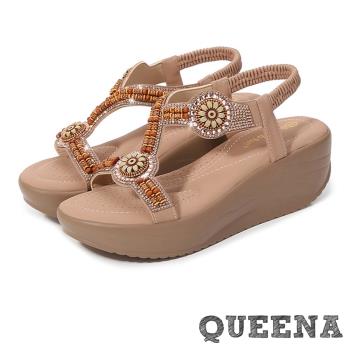 【QUEENA】復古花朵串珠坡跟涼鞋/波西米亞民族風復古花朵串珠線條坡跟厚底涼鞋 女鞋 粉