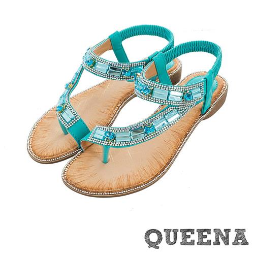 【QUEENA】方晶美鑽坡跟涼鞋/波西米亞民族風華麗方晶美鑽線條造型坡跟涼鞋 女鞋 綠