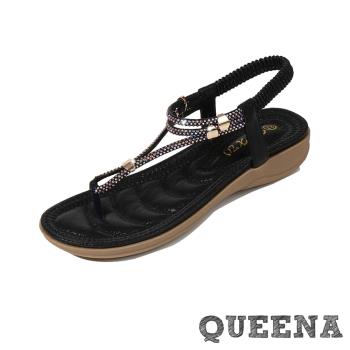 【QUEENA】鑽繩坡跟夾腳涼鞋/優雅極簡鑽繩坡跟夾腳涼鞋 女鞋 黑