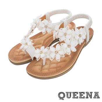 【QUEENA】美鑽蕾絲花朵沙灘涼鞋/波西米亞民族風浪漫美鑽蕾絲花朵舒適坡跟沙灘涼鞋 女鞋 6色任選