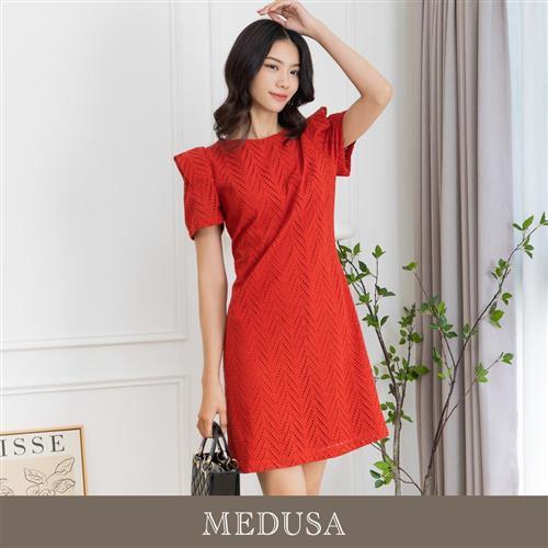 現貨【MEDUSA 曼度莎】橘紅闊肩燒花禮服洋裝（M-XL）｜小禮服 燒花洋裝 短洋裝