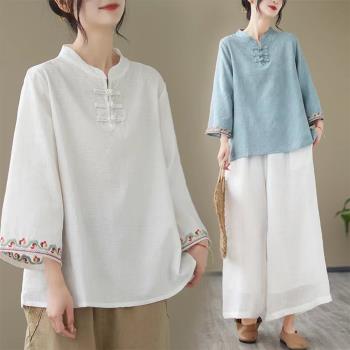 【10衣綾】棉麻提花刺繡喇叭袖立領上衣(百搭/透氣/舒適/4色/M-2XL/KDTY-9026)