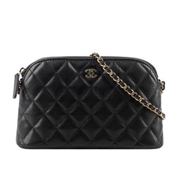 CHANEL 金色CC Logo 粒紋牛皮貝殼包/鍊包(黑色)