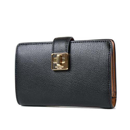KATE SPADE Phoebe 粒面皮革旋鈕對開中夾-黑色