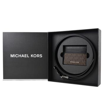 MICHAEL KORS 男款 鐵灰MK緹花LOGO防刮雙面用皮帶/名片夾禮盒-咖啡色/黑